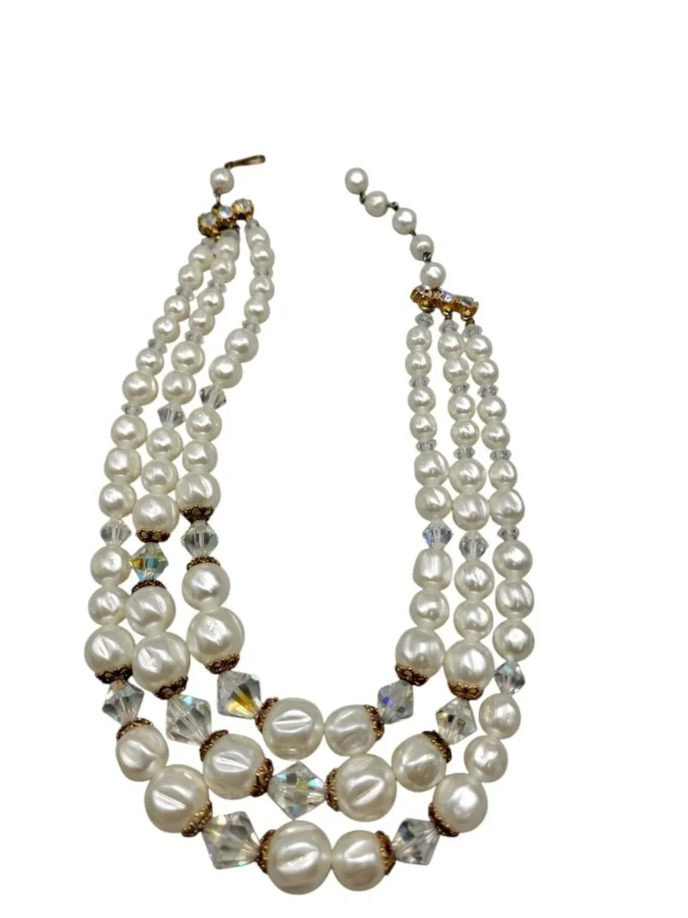 Faux Pearl Choker Multistrand Necklace Aurora Borealis Prism Spacers 16